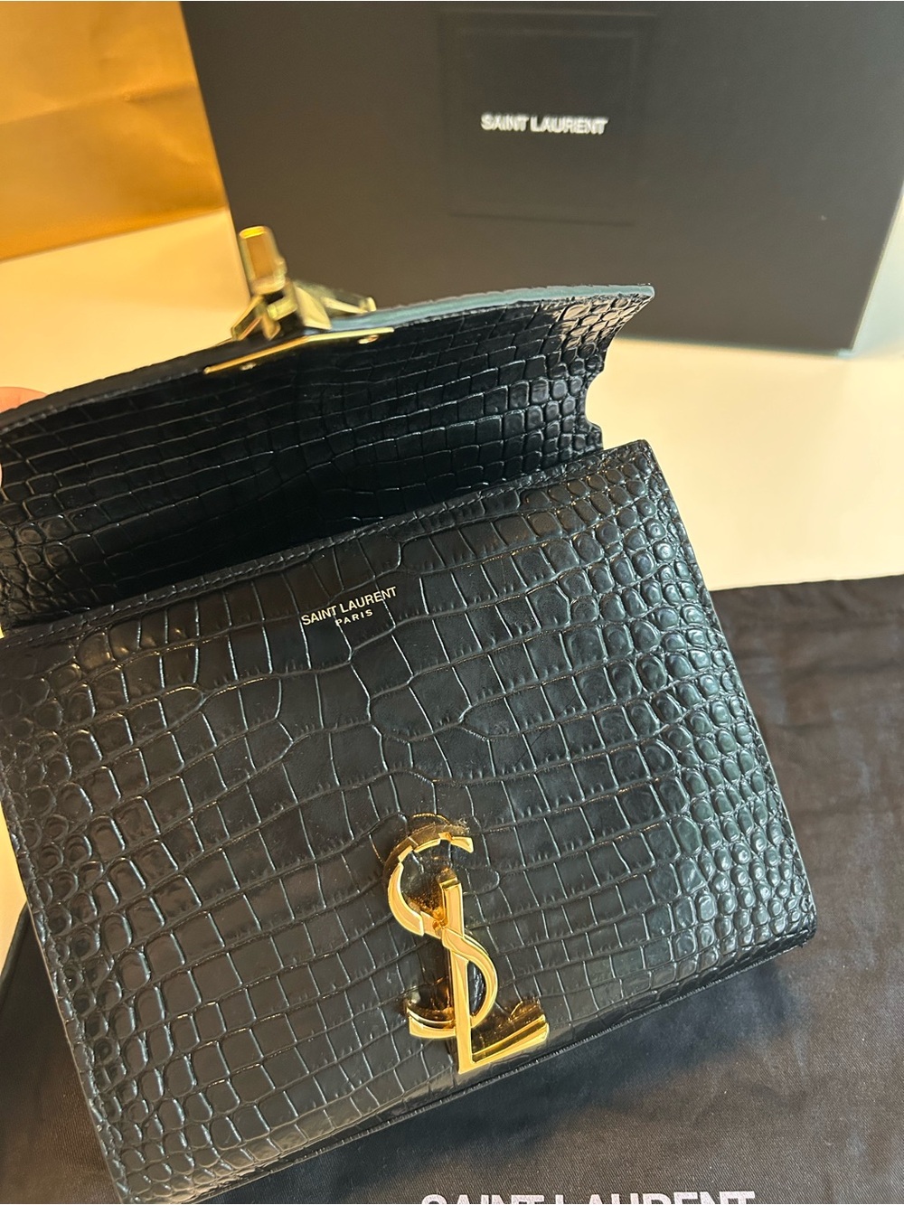 Saint Laurent Black Croc-Embossed Top Handle Satchel Mini Cassandra Purse - Picture 7 of 14